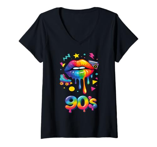Damen 90er Jahre Retro Pop Art Rainbow Lippen Nostalgie Kostüm 90s T-Shirt mit V-Ausschnitt Damen 90er Jahre Retro Pop Art Rainbow Lippen Nostalgie Kostüm 90s T-Shirt mit V-Ausschnitt von 90s Throwback Party Costume Retro Happy Rainbow