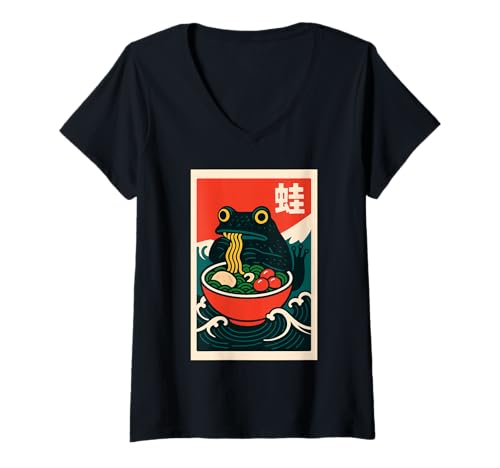 Damen Anime Frosch Ramen Nudeln Japanisch Lustig Kawaii Retro 90er Jahre T-Shirt mit V-Ausschnitt Damen Anime Frosch Ramen Nudeln Japanisch Lustig Kawaii Retro 90er Jahre T-Shirt mit V-Ausschnitt von 90s anime japanese frog ramen shirts and gifts