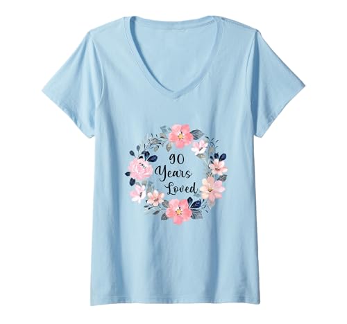 Damen 90 Years Loved 90th Birthday Floral 90 Year Old Men Women T-Shirt mit V-Ausschnitt Damen 90 Years Loved 90th Birthday Floral 90 Year Old Men Women T-Shirt mit V-Ausschnitt von 90th Birthday 90 Years Old Gifts for Mom Grandma