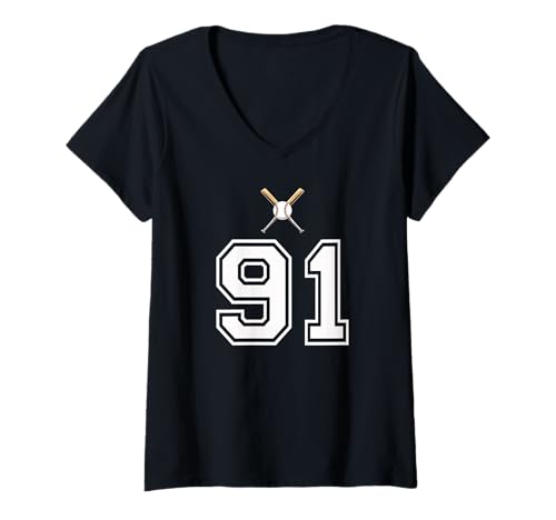 Damen 91 Nummer Baseball Style Vintage Weiß T-Shirt mit V-Ausschnitt Damen 91 Nummer Baseball Style Vintage Weiß T-Shirt mit V-Ausschnitt von 91 Nummer Baseball Style Weiß