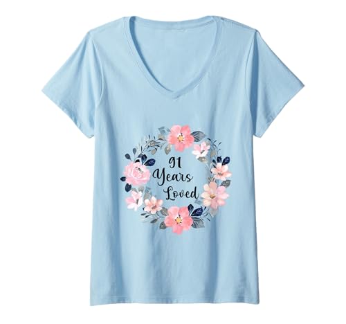 Damen 91 Years Loved 91th Birthday Floral 91 Year Old Men Women T-Shirt mit V-Ausschnitt von 91th Birthday 91 Years Old Gifts for Mom Grandma