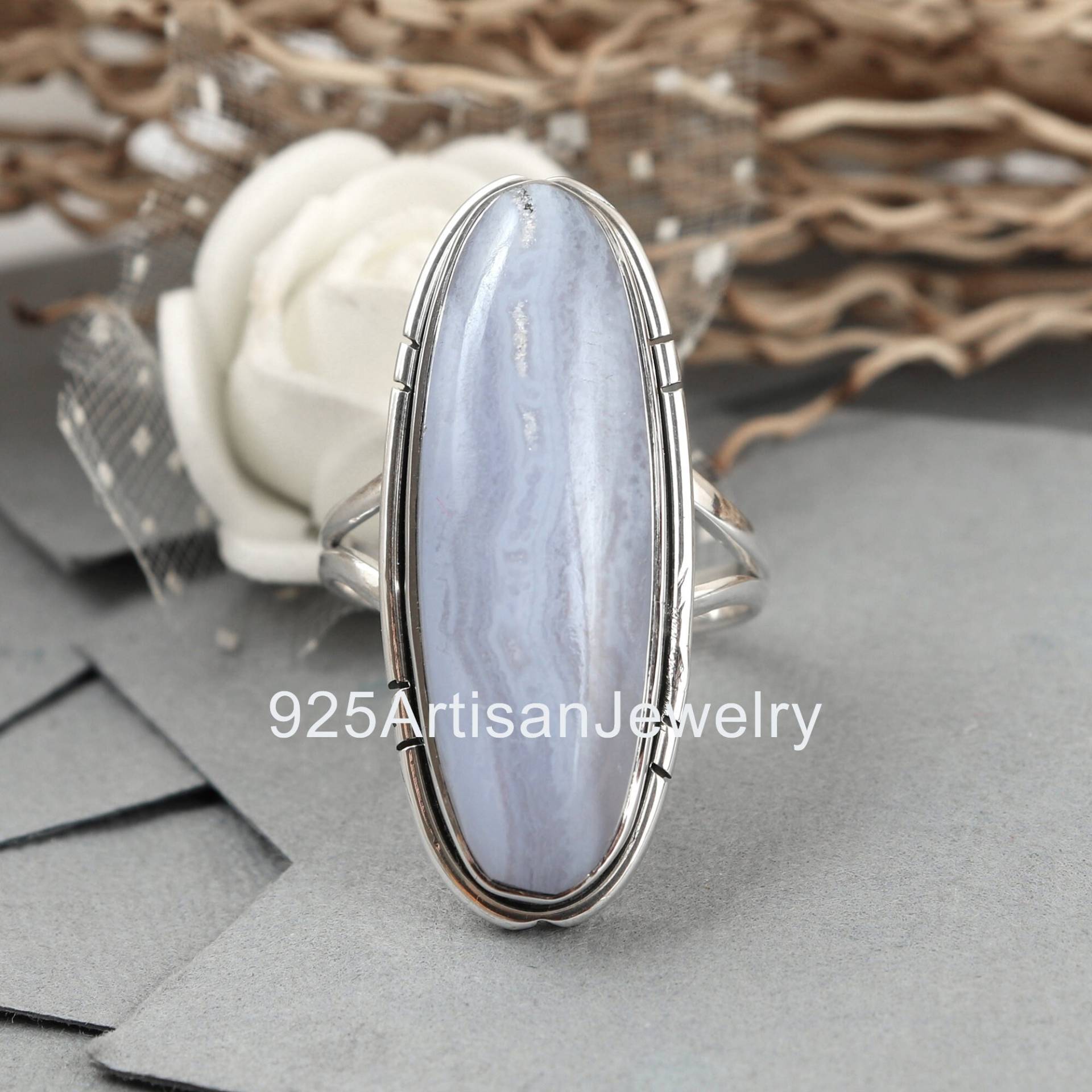 925 Silber Ring, Blauer Spitzen Achat Sterling 10x30 Mm Natürlicher Großer Stein Frauen Valentinstag Geschenk von 925ArtisanJewelry