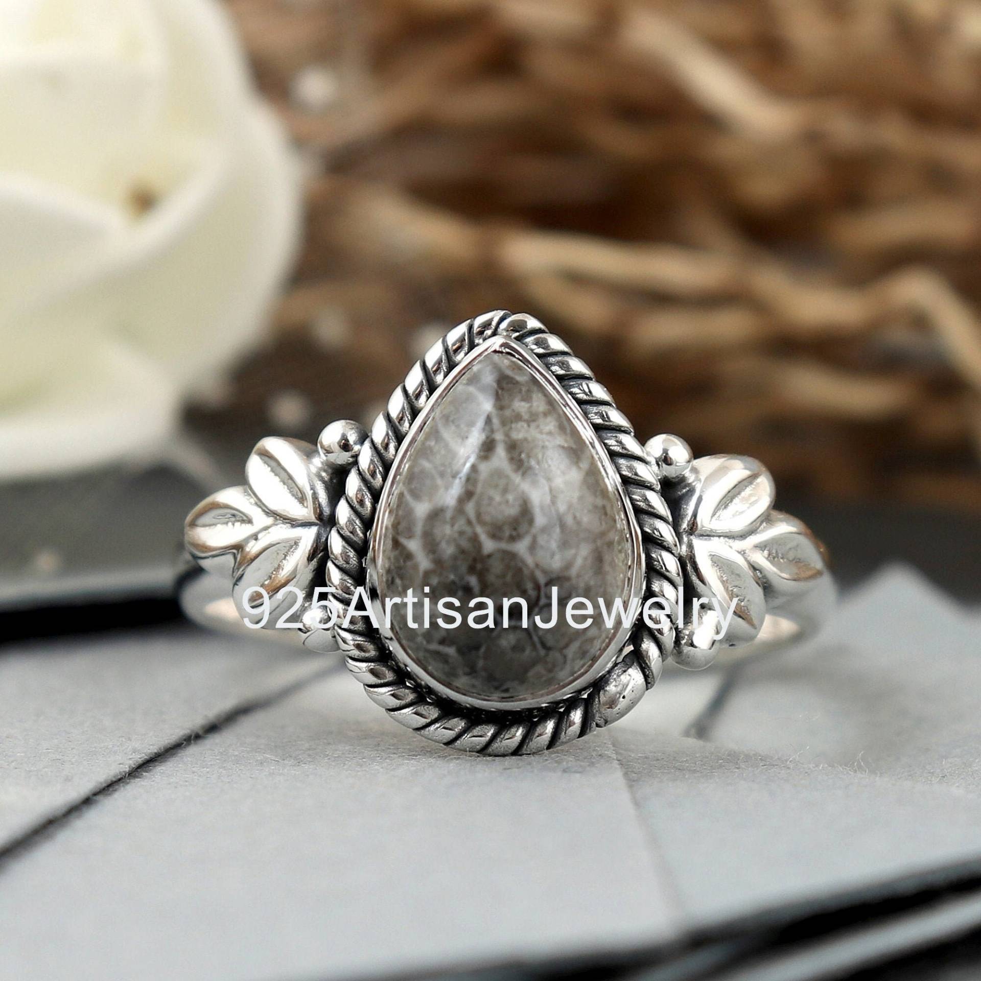 Aaa + Stingray Fossil Korallen Ring, Natürlicher 925 Silber Grauer Edelstein Sterling Verwenden Für Männer Frauen Schmuck von 925ArtisanJewelry