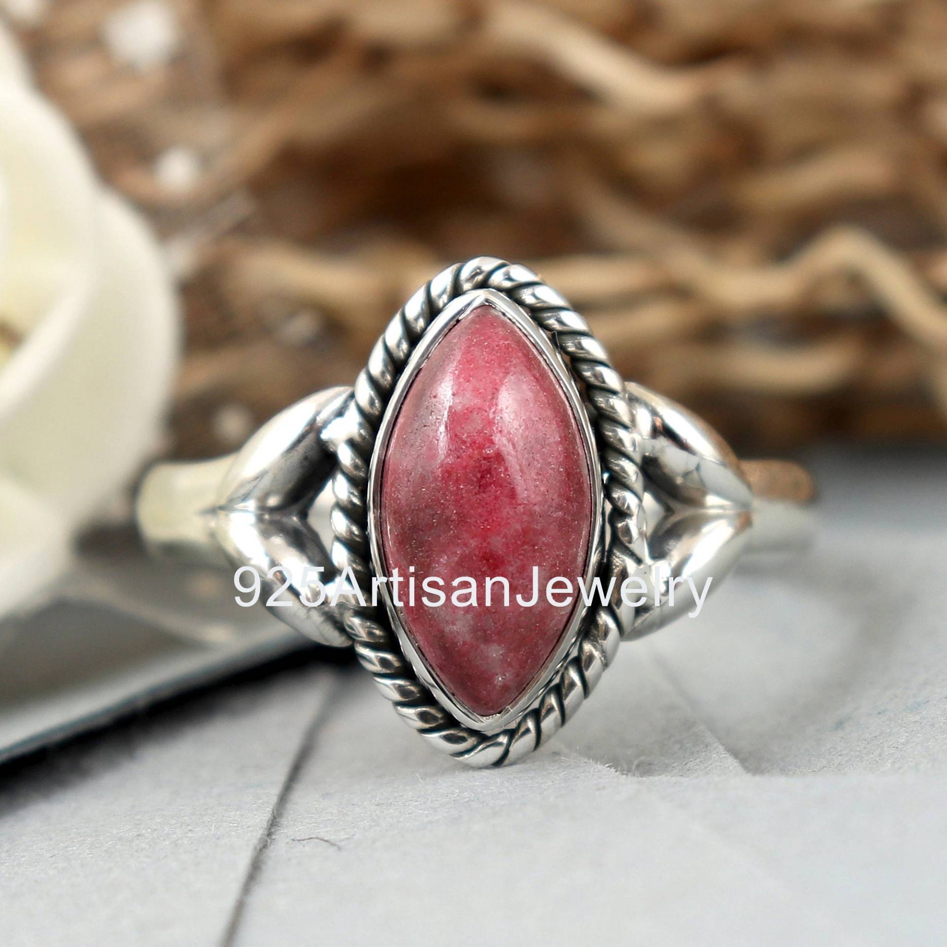 Aaa+ Thulit Ring, 6x12 Mm Edelstein 925 Silber Ring Für Frauen, Statement Naturstein Schmuck, Weihnachtsverkauf von 925ArtisanJewelry