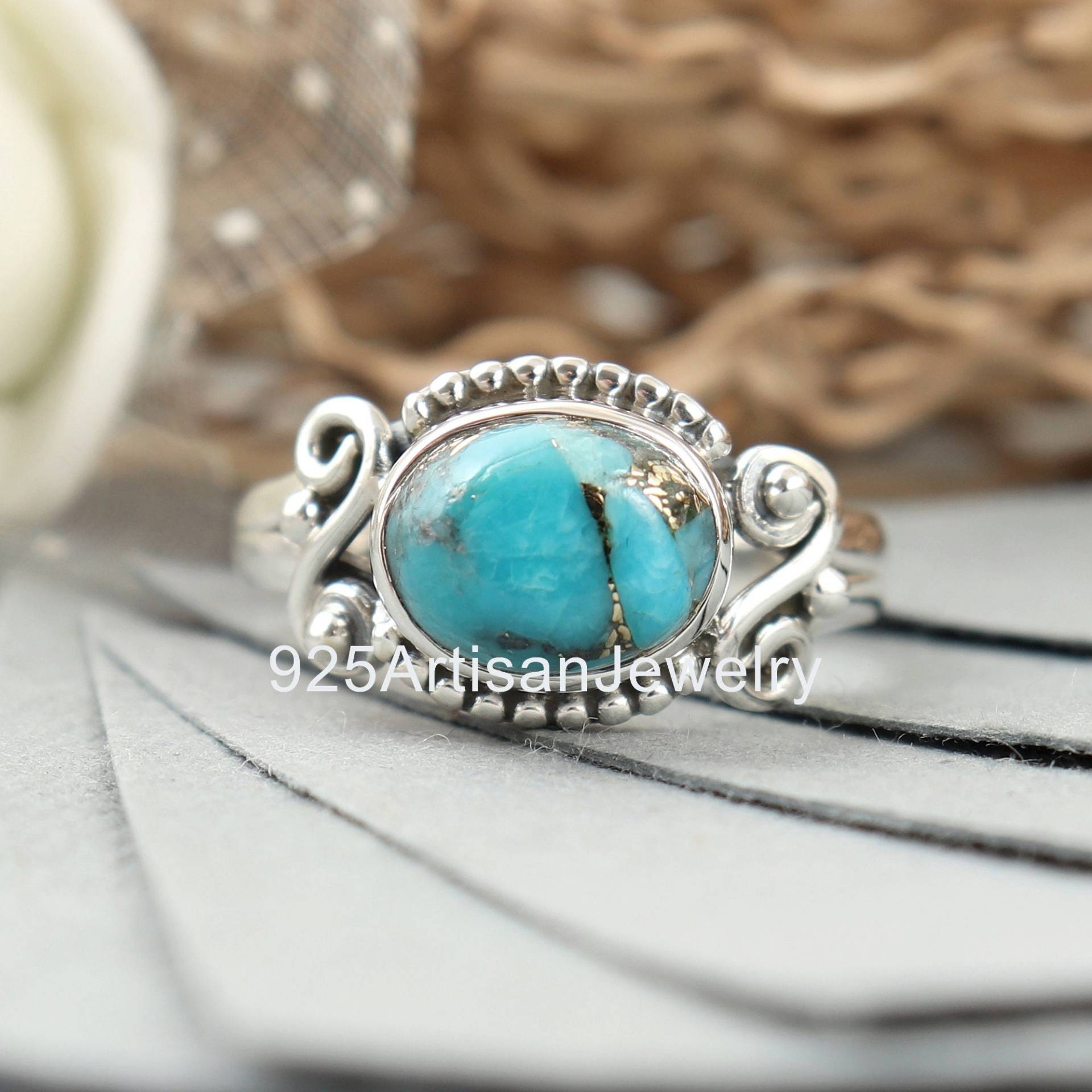 Blauer Kupfer Türkis Ring, 925 Silber Boho Schmuck, Handgemachter 7x9 Mm Oval Frauen Ring Schmuck von 925ArtisanJewelry