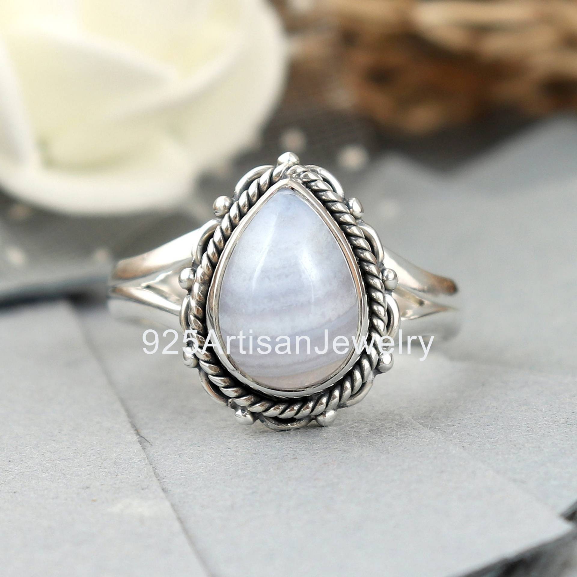 Blaue Spitze Achat Ring, 925 Silber Ringe, Birne Form Frauen Stein Täglichen Zweck Geburtsstein Einzigartige Edelstein Ring von 925ArtisanJewelry