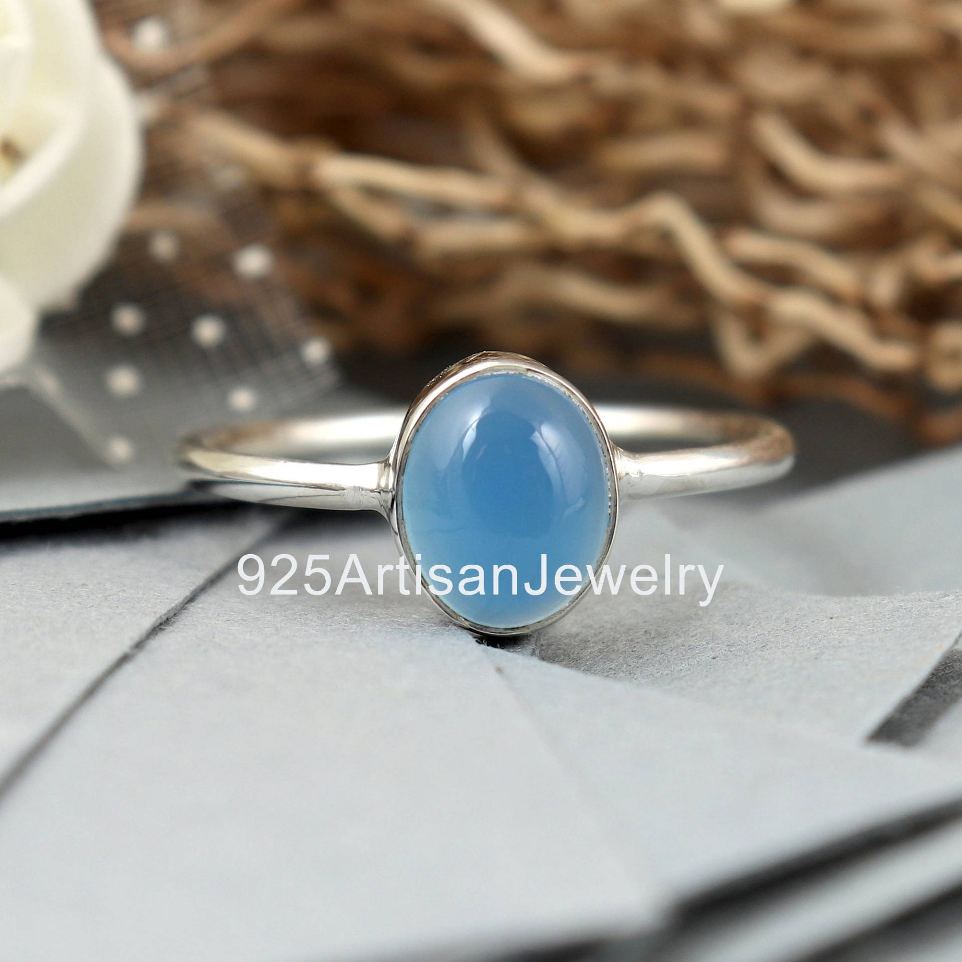 Echter Blauer Chalcedon Ring, 925 Sterling Silber, Oval Ring Edelstein Silber Frauen Boho Schmuck, Geschenkideen von 925ArtisanJewelry