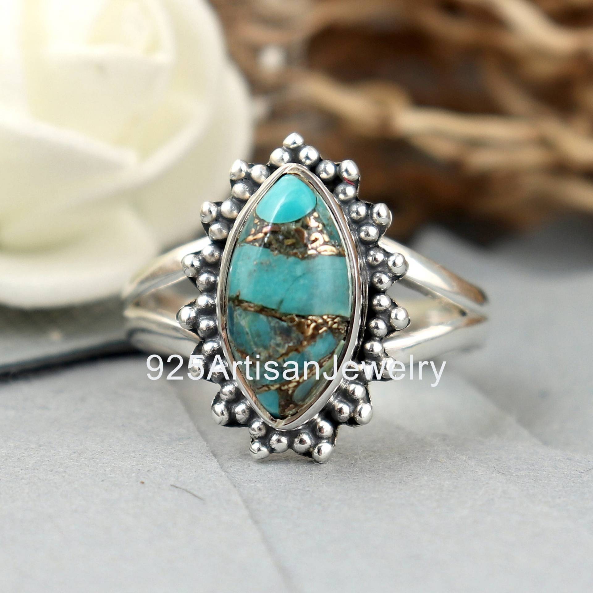 Echter Blauer Türkis Ring, Kupfer 925 Silber Handgemachter Boho Ehering von 925ArtisanJewelry