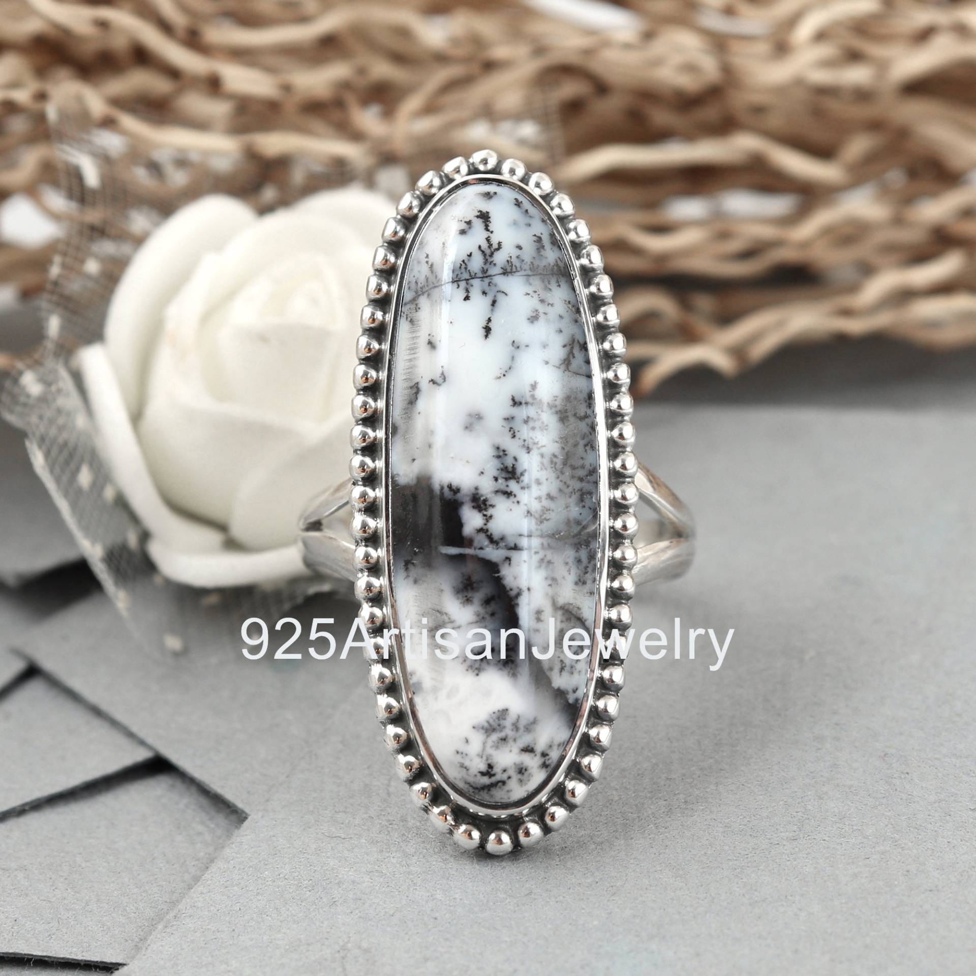 Echter Weißer Dendrit Opal Ring, 10x30 Mm Edelstein 925 Silber Großer Stein Frauen Ring von 925ArtisanJewelry