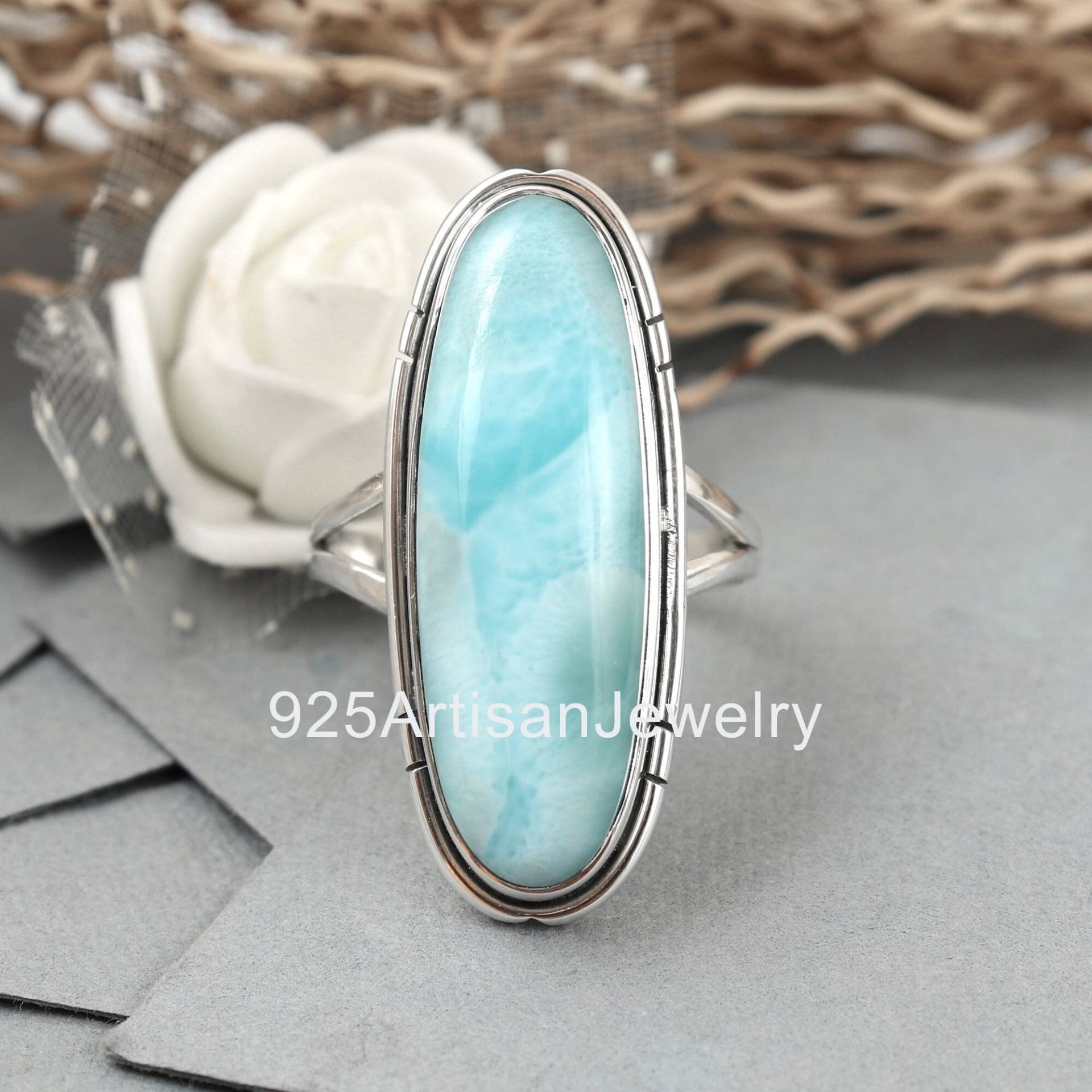 Großer Edelstein Ring Langer Larimar Sterling Silber 925 Oxidierter Blauer Stein Brautring Ehering Etsy Sale von 925ArtisanJewelry