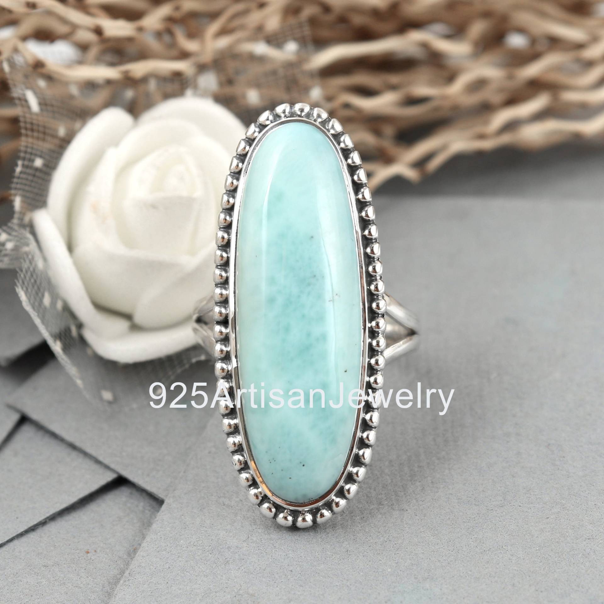 Großer Natürlicher Edelstein Ring Larimar Sterling Silber Statement Blauer Stein Brautring Ehering Etsy Sale von 925ArtisanJewelry