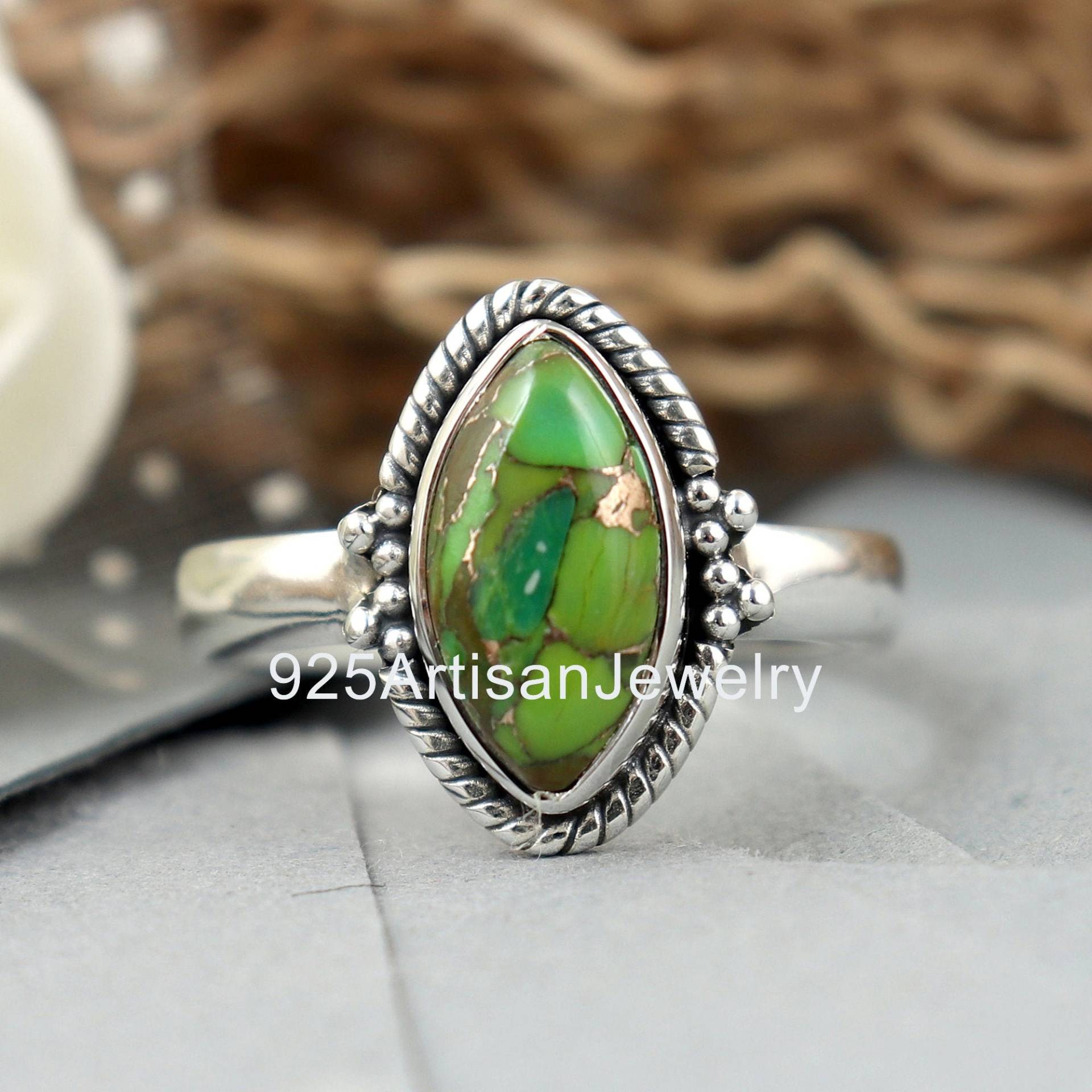 Grüner Kupfer-Türkis-Ring, Grüner Kupferring, Türkis-Ring, Sterlingsilber-Ring, Handgemachter Ring, Boho-Türkis-Ring, Ehering von 925ArtisanJewelry