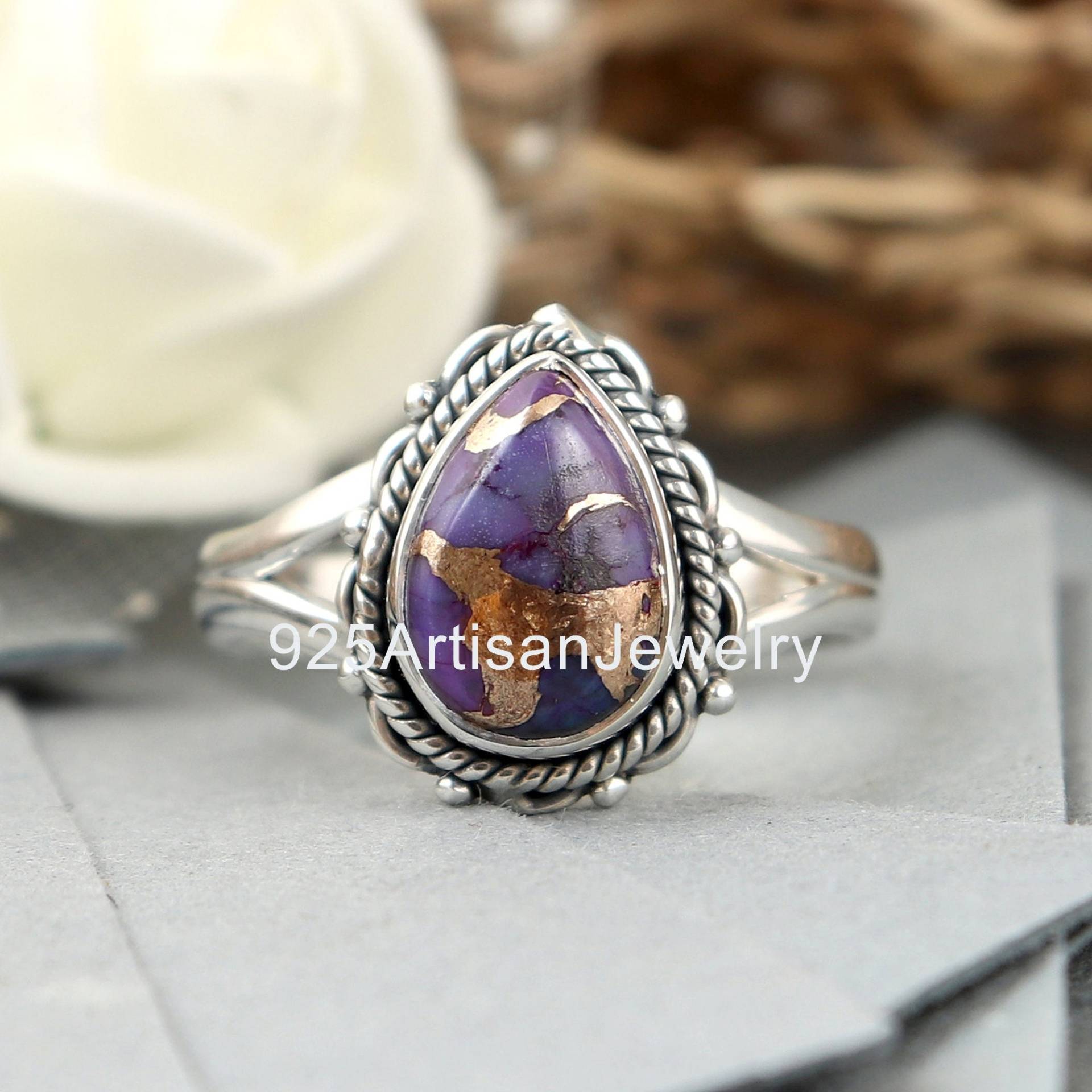 Kupfer Türkis Ring, Lila Kupferring, Birnbaum Sterling Silber Handgemachter Boho Frauen Ehering von 925ArtisanJewelry