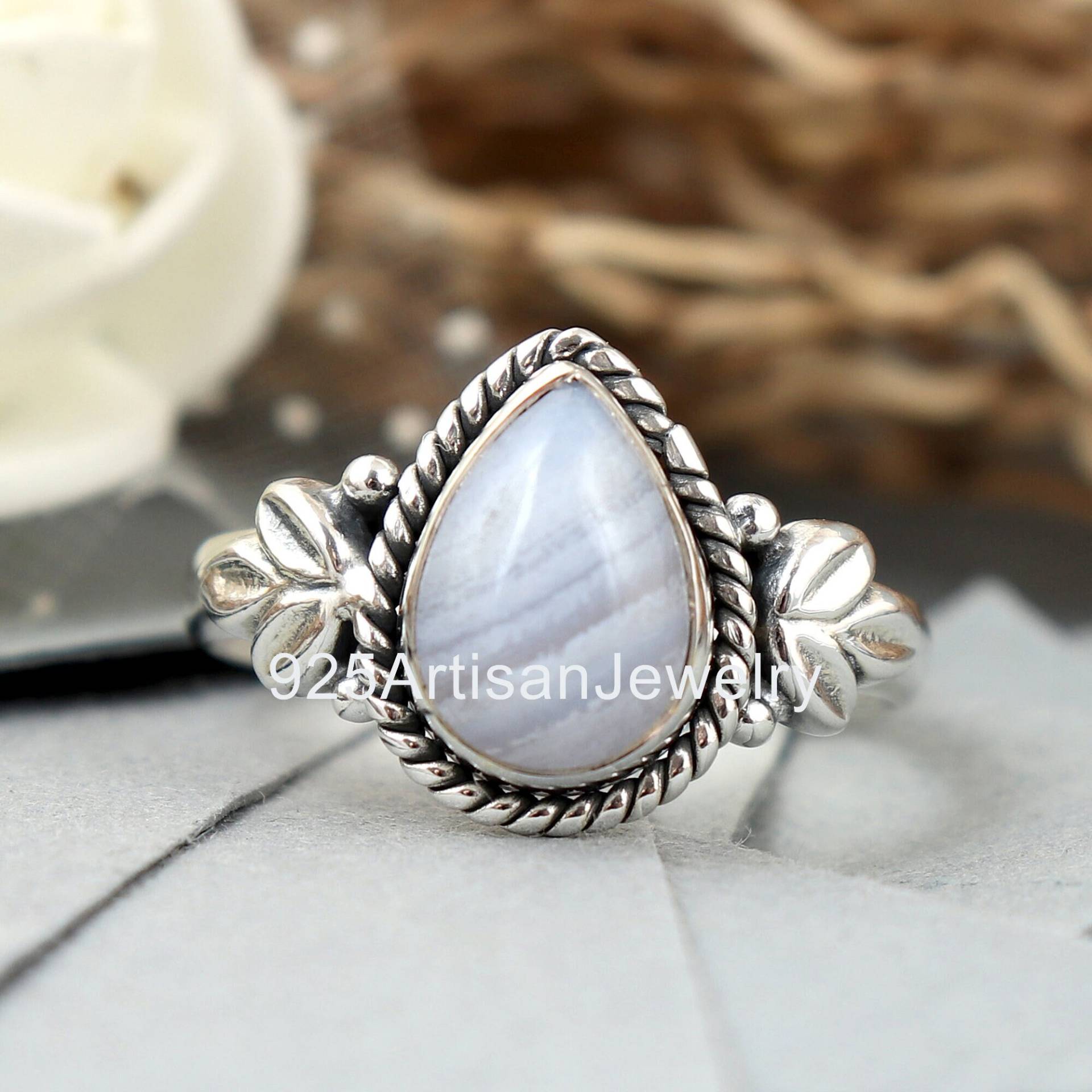 Natürlicher Blauer Spitzen Achat Ring, 925 Silber Ringe, Birnen Form Blau Blatt Damen Edelstein Jahrestag Geschenk von 925ArtisanJewelry