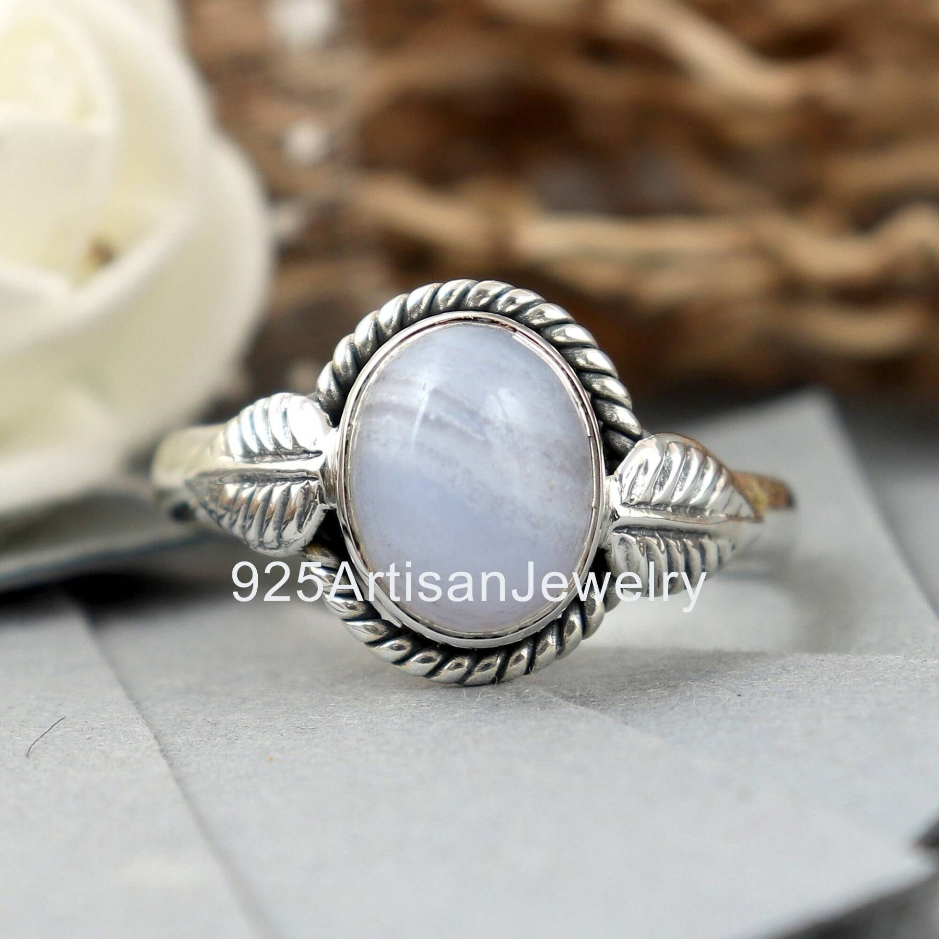 Natürliche Blaue Spitze Achat Ring, 925 Silber Ringe, Oval Form Blau Blatt Frauen Edelstein Jubiläum Geschenk Verkauf von 925ArtisanJewelry