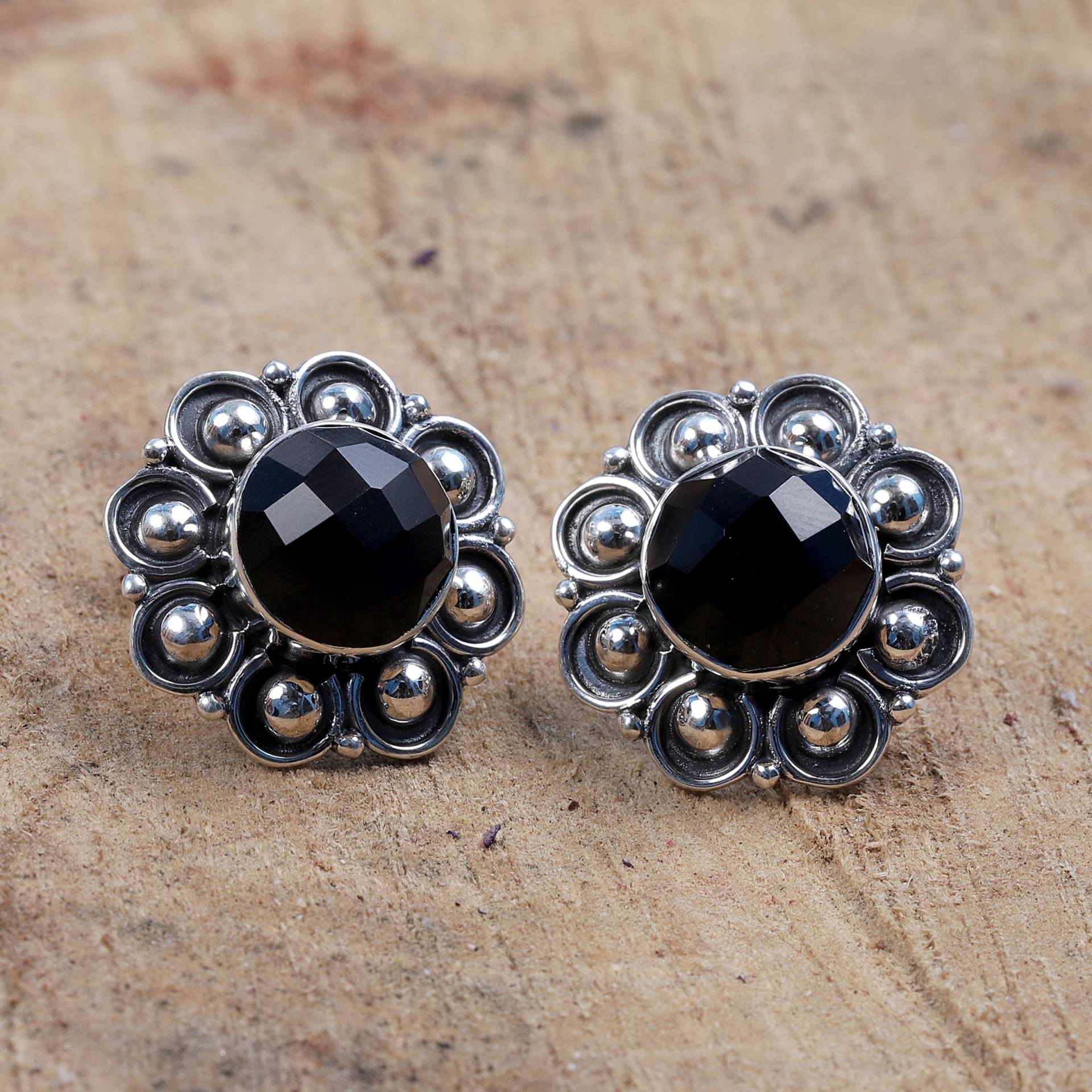 Natürliche Schwarze Onyx Ohrring, 925 Massiv Silber, Handgemachte Silber Ohrstecker, Blumen Stein Frauen Jubiläum Ohrring von 925ArtisanJewelry