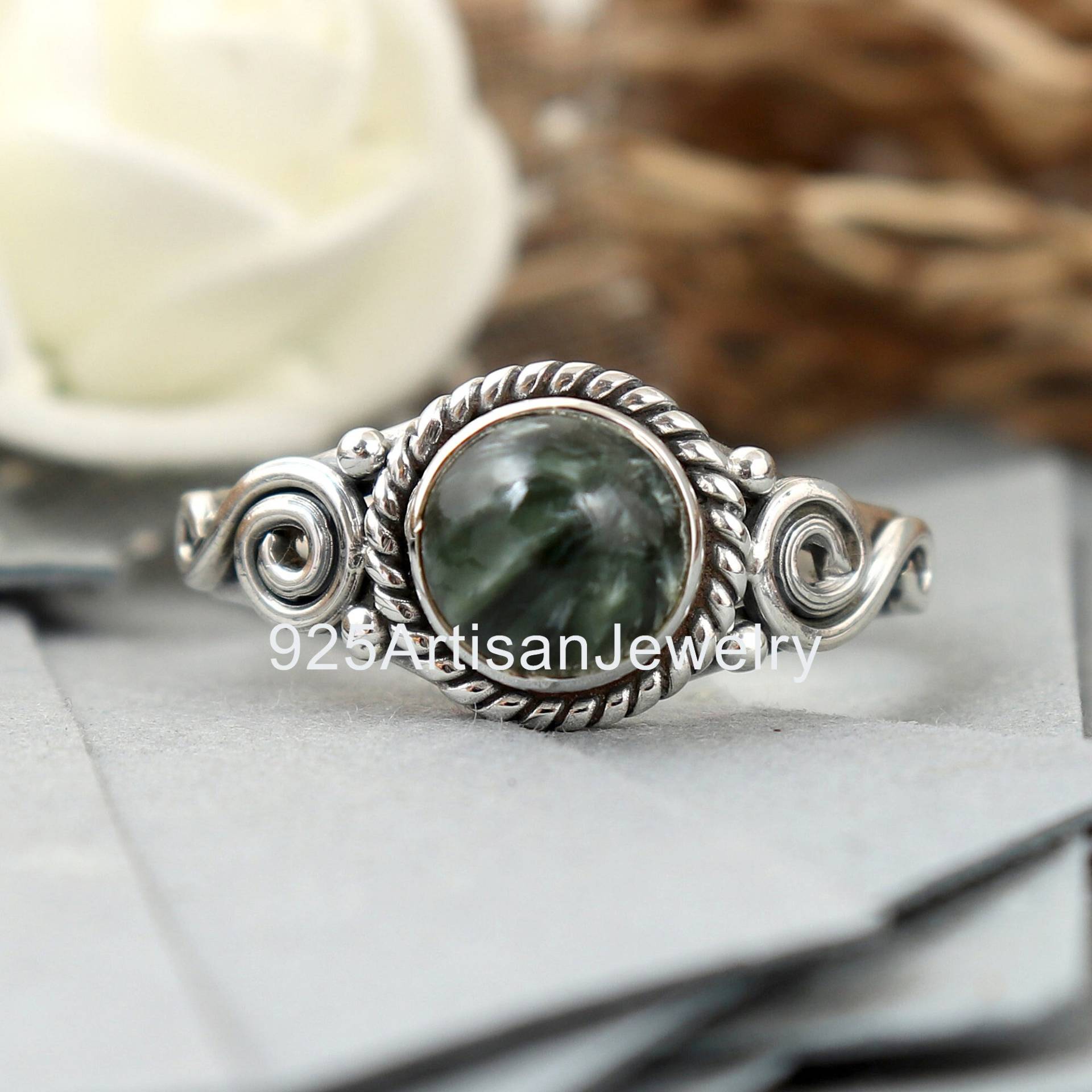 Naturstein Silber Ring, Geschliffener Edelstein Seraphinit 925 Sterling Wundervoller Geschenk Ring Für Frauen von 925ArtisanJewelry