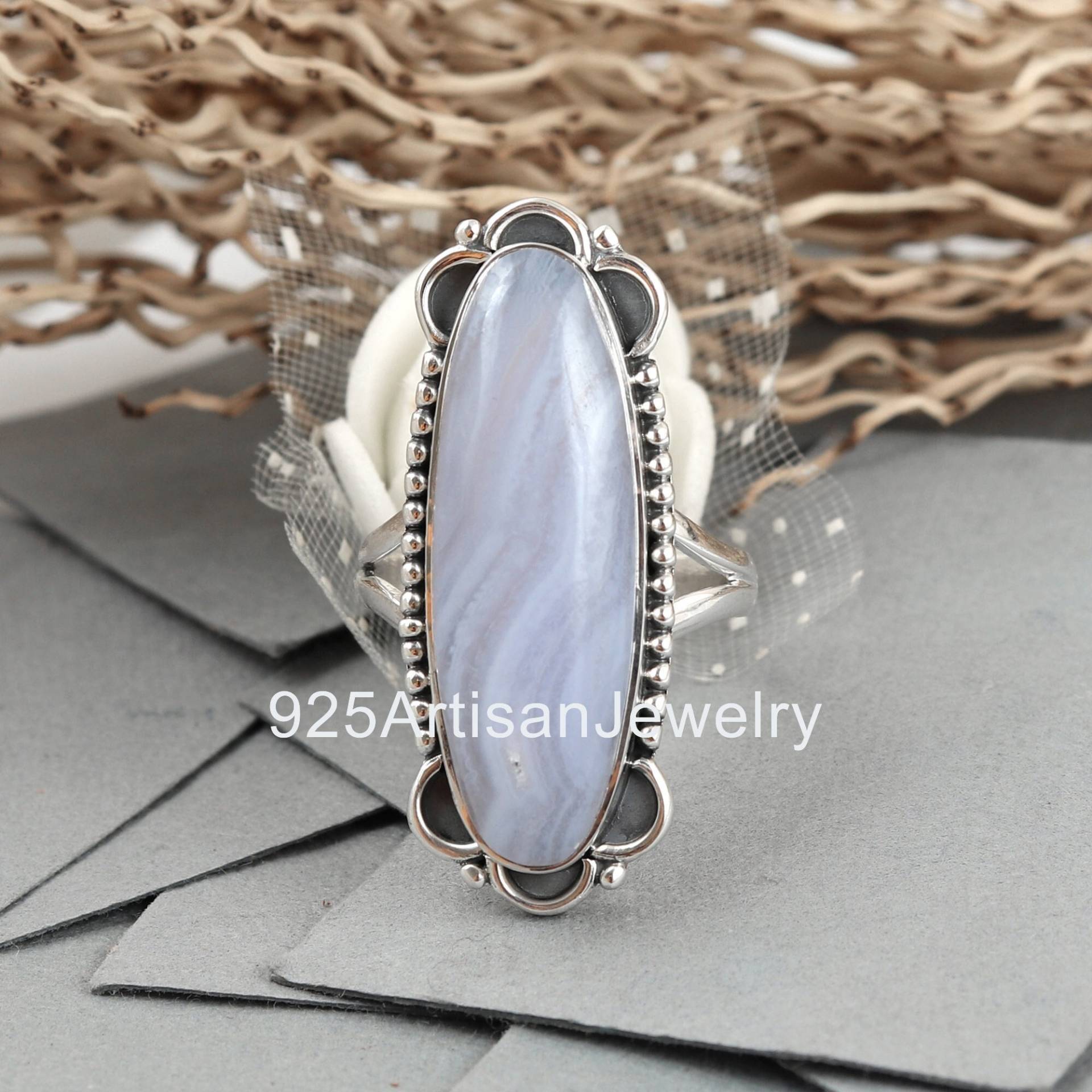 Oxidierter Silber Ring, Blauer Spitzen Achat 925 Sterling 10x30 Mm Edelstein Natürlicher Großer Stein Jubiläum Frauen Ring von 925ArtisanJewelry