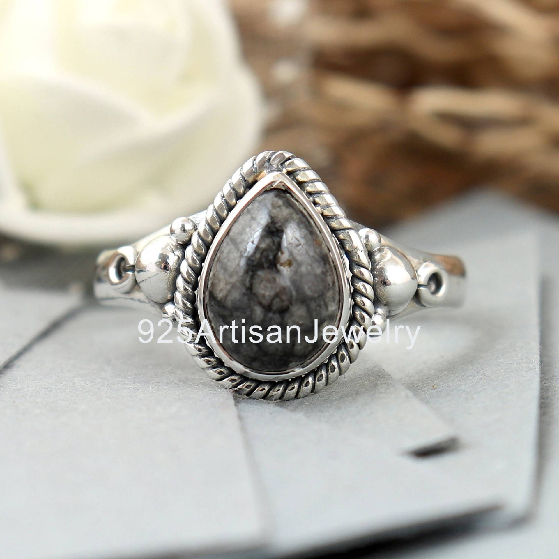 Fossiler Koralle Ring, Natürliche 925 Silber Grauer Edelstein Gold Frauen Boho Rose Schmuck von 925ArtisanJewelry