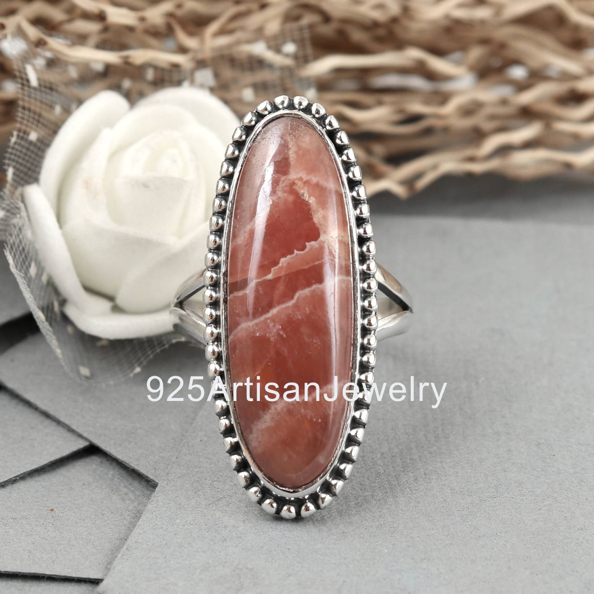 Rosa Rhodochrosit Ring, 10x30 Mm Großer Stein Handgemachter 925 Sterling Damen Zierliche Ring Für Sie von 925ArtisanJewelry