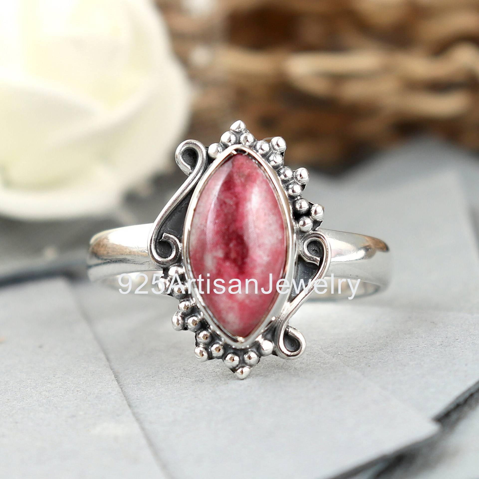 Thulit Ring, Edelstein Ring 6x12 Mm, Massiv Silber Für Frauen, Statement Naturstein Schmuck, Weihnachtsverkauf von 925ArtisanJewelry