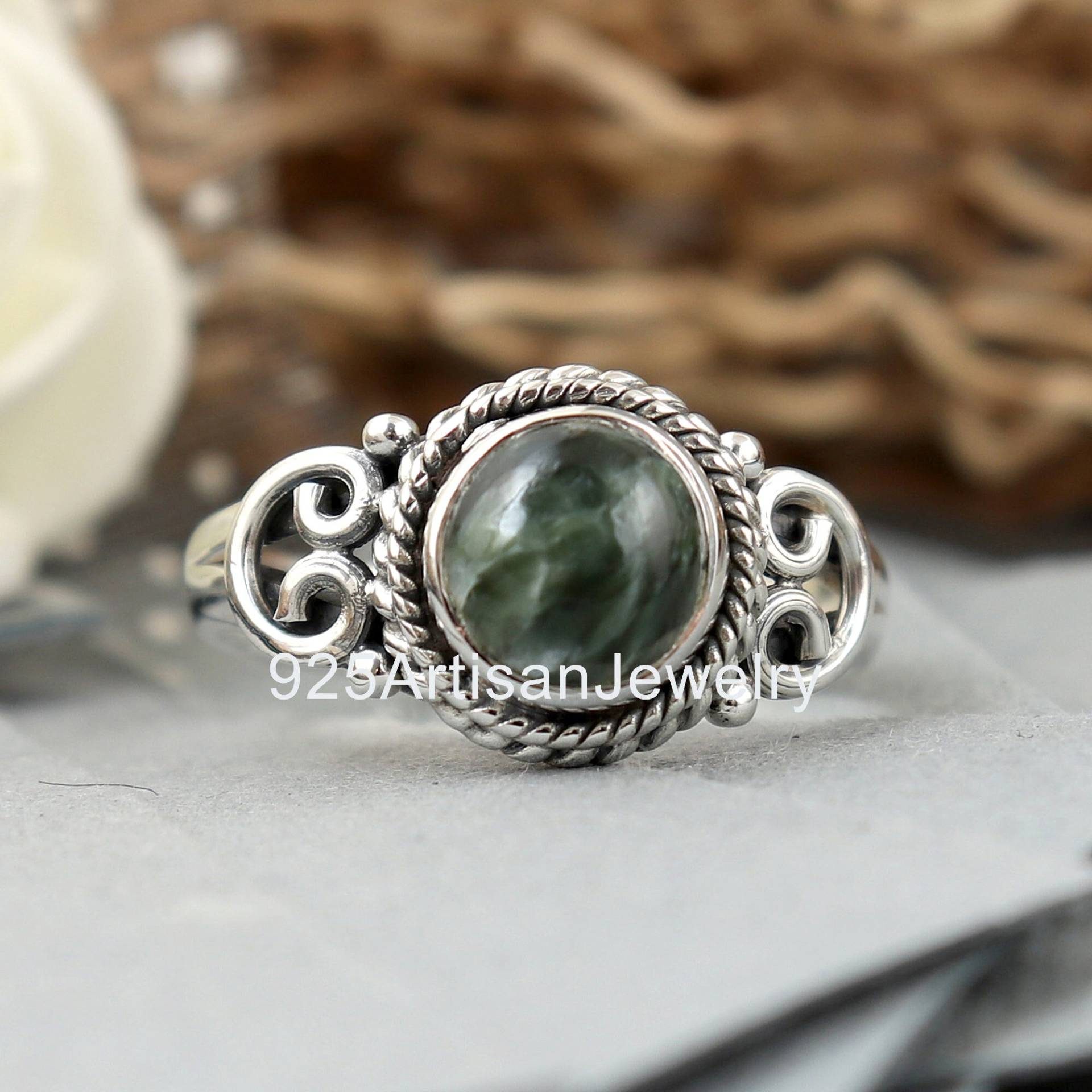 Weihnachtsangebot Grüner Seraphinit Ring, 925 Massiv Silber Handgemachter Natürlicher Edelstein Jeden Tag Boho Frauen Geschenk von 925ArtisanJewelry