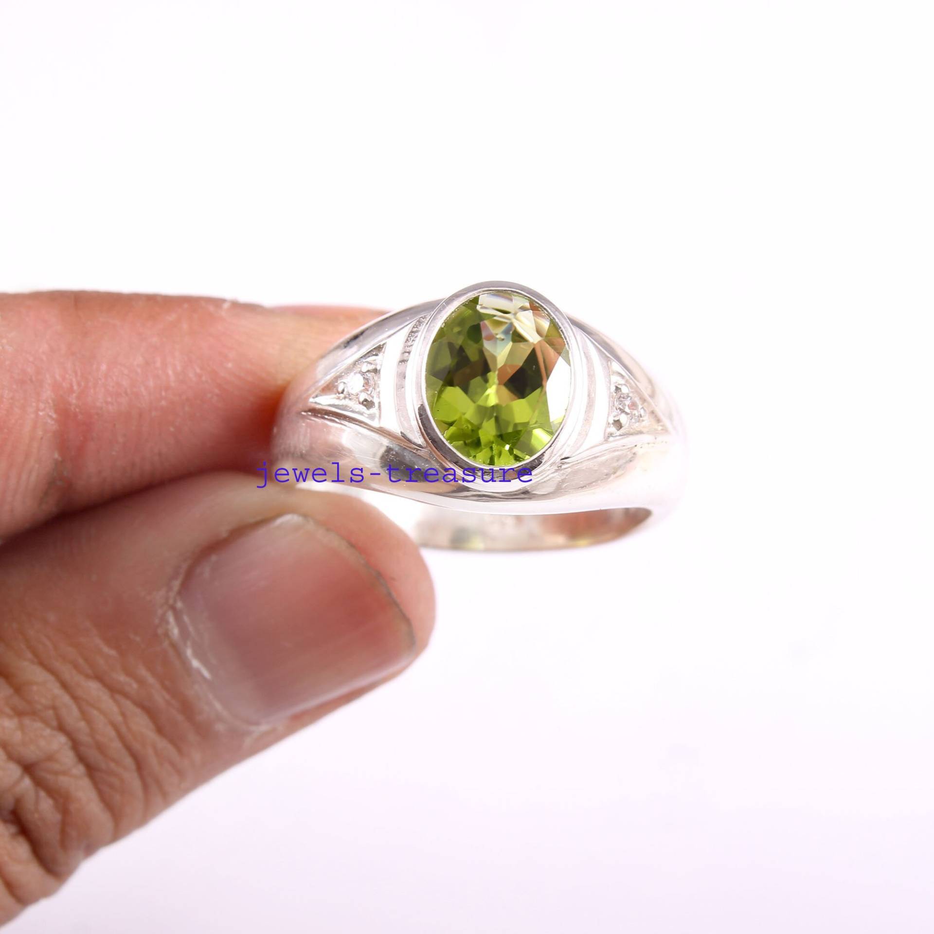 Peridot Herren Ring, Silber Natürlicher Art Deco Signet Trauring, Geschenk Für Jahrestag von 925Jewelstreasure