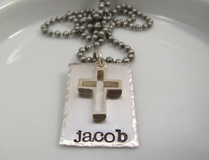 Jungen Christliches Geschenk -Personalisiert-Handgestempelte Sterling Silber Halskette Mit Kreuz-Kreuz-Tag -Konfirmation Erstkommunion von 925RADIANCE