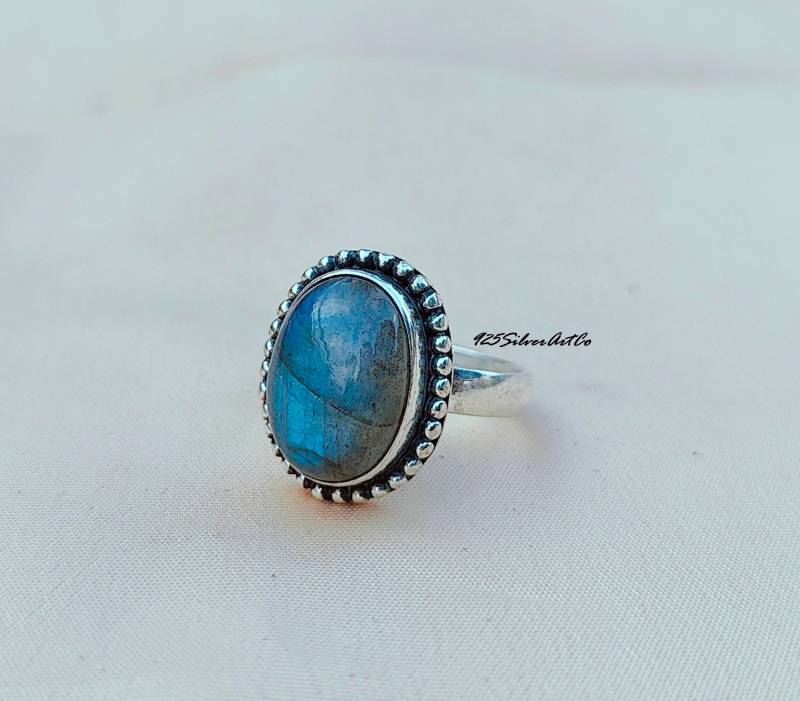 Labradorit Ring, 925 Silber Bandring, Handgefertigter Ovaler Stein Perfekter Schöner Blauer Blitz Schmuck von 925SilverArtCo