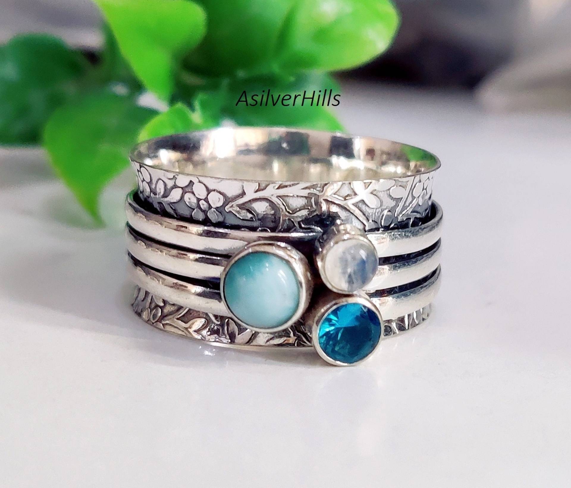 Larimar-Ring, 925 Sterling Silber Ring, Blautopas-Ring, Drei-Steine-Ring Handgefertigter Frauen-Ring, Spinner-Ring, Edelstein-Ring-Schmuck von 925SilverArtCo