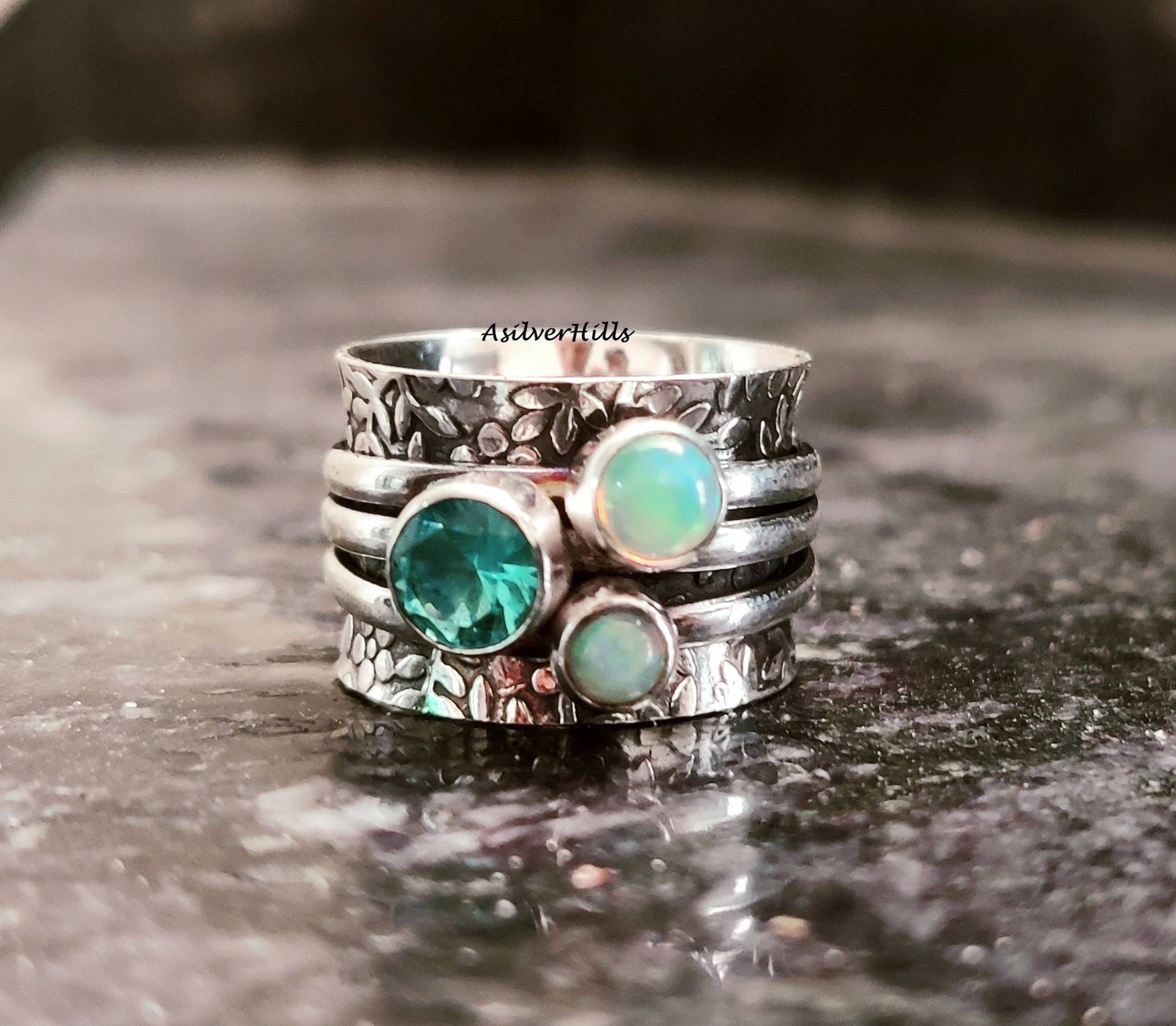 Opal-Spinner-Ring, 925Er-sterlingsilber-Ring, Blautopas-Ring, Drei-steine-Spinner-Handgemachter Ring, Damen-Ring, Spinner-Ring, Edelstein-Schmuck von 925SilverArtCo