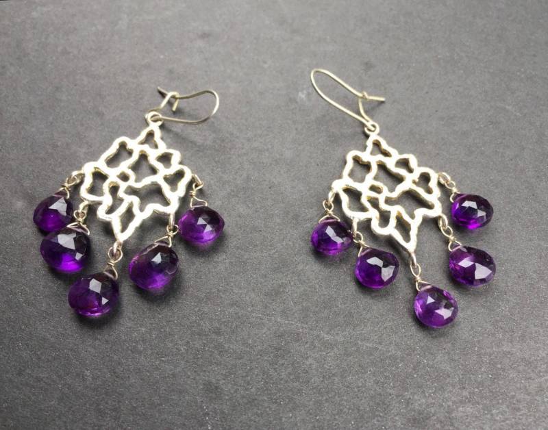 Ohrringe Amethyst Facettierte Edelstein Tear Drop Sterling Silber Kronleuchter von 925Strand