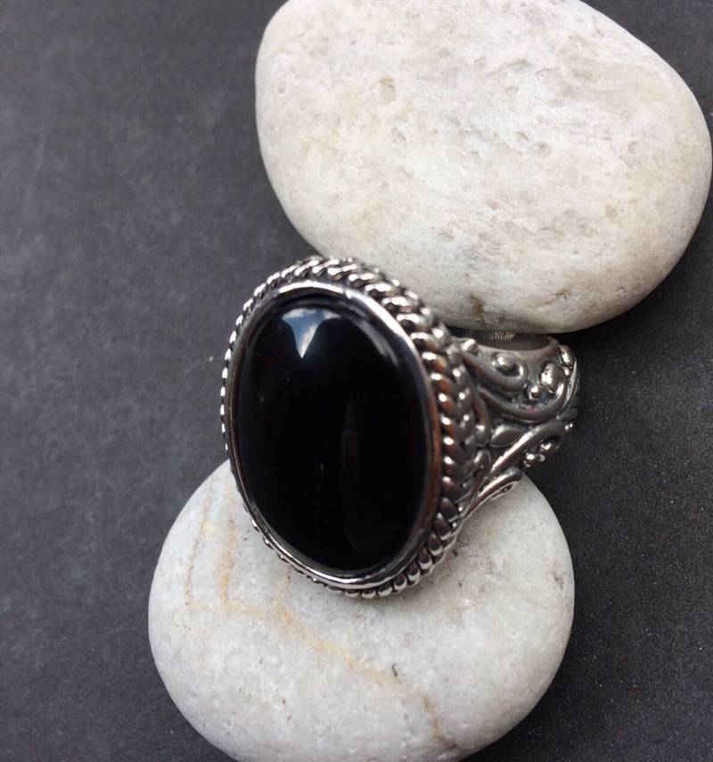 Ring Schwarz Onyx Oval Sterling Silber Filagree Größe 7 von 925Strand