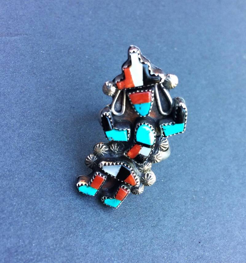 Ring Türkis Signiert Zuni Native Kachina Regenbogen Antike Inlay Sterling Silber Gestempelt Regentropfen Größe 6 3/4 von 925Strand