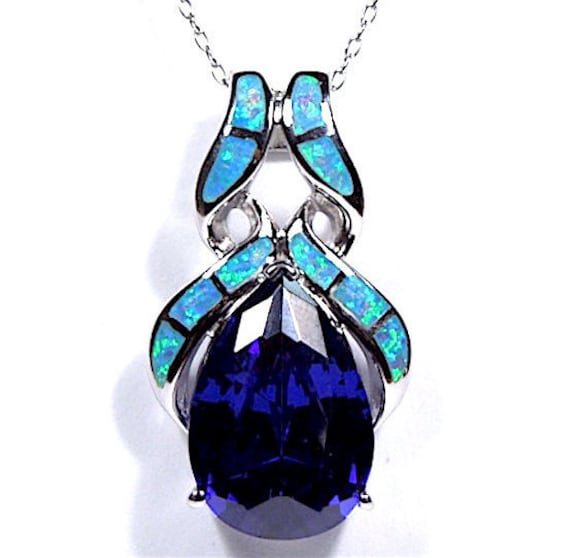 18" Halskette Mit 925 Sterling Silber, Tansanit & Blauer Feuer Opal Inlay Anhänger von 925usa