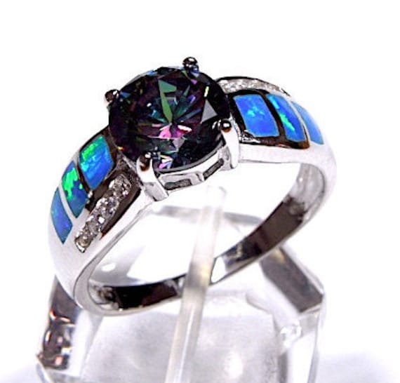 8mm Regenbogen Topas & Blauer Feueropal Inlay 925 Sterling Silber Ring Size 5-9 von 925usa