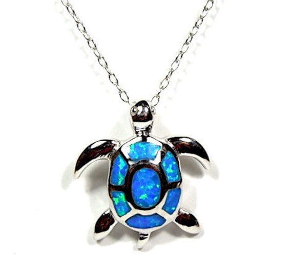 925 Sterling Silber 18 "Halskette Mit Blauem Feueropal Inlay Schildkröten-Anhänger von 925usa