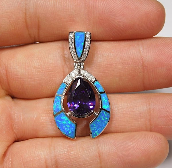 925 Sterling Silber 3 Karat Amethyst Und Blauer Feueropal Dia Anhänger von 925usa