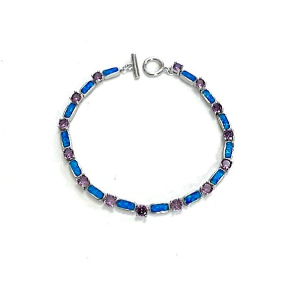 Amethyst & Blau Feuer Opal Echt 925 Sterling Silber Link Tennis Armband 7-3/4 "' Lang von 925usa