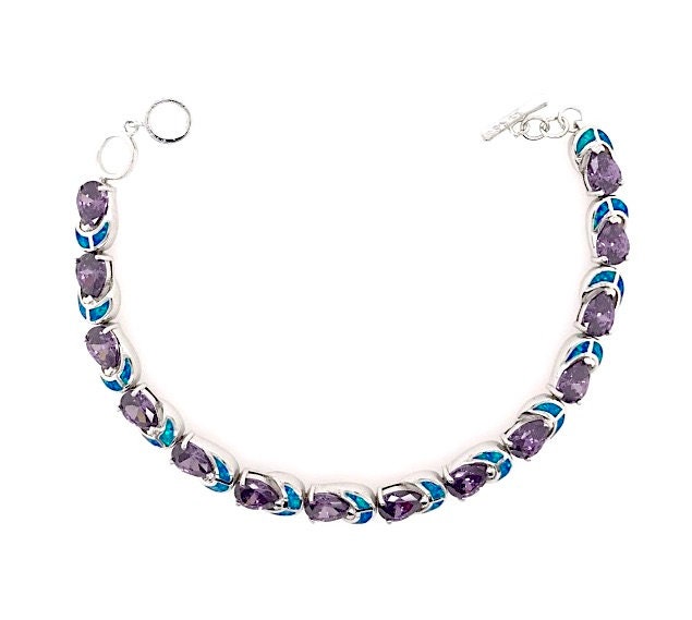 Amethyst & Blau Feuer Opal Echt 925 Sterling Silber Link Tennis Armband 7-8 "' Lang. Neu Eingetroffen von 925usa
