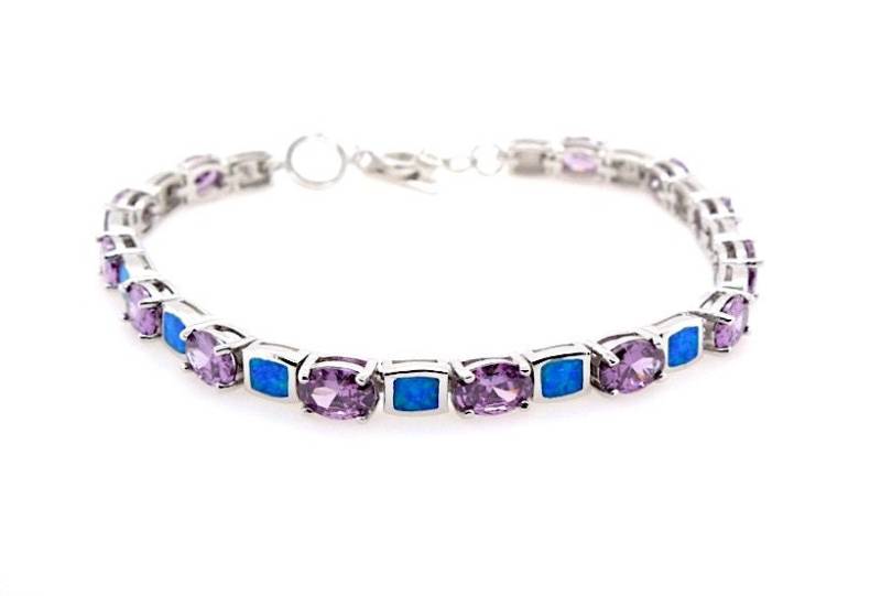 Amethyst & Blauer Feueropal Echt 925 Sterling Silber Link Tennis Armband 8 "' Long von 925usa