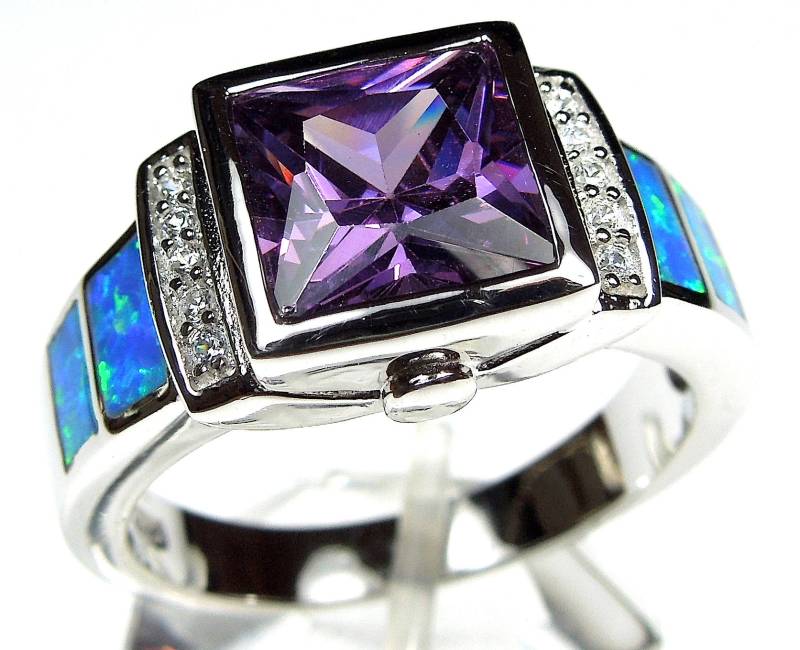 Amethyst & Blauer Feueropal Inlay 925 Sterling Silber Herren, Damenring Größe 7-8. Kostenloser Versand in Usa von 925usa