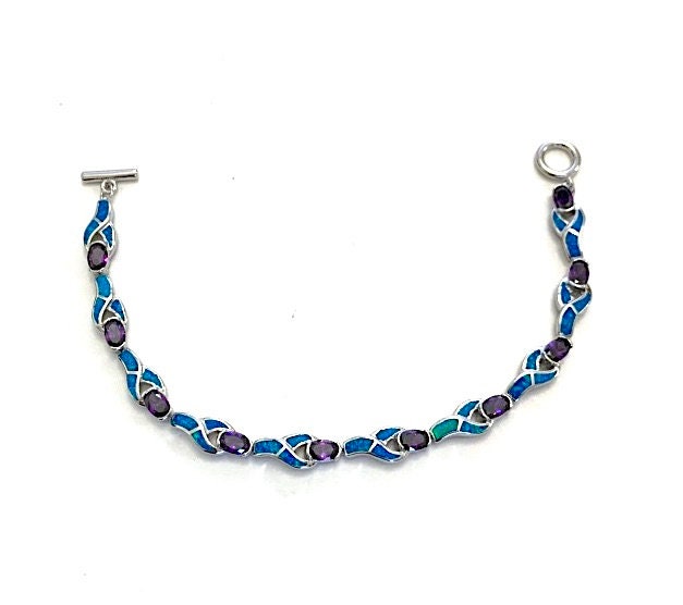 Amethyst & Blauer Feueropal Inlay 925 Sterling Silber Link Tennis Armband 7, 5 "' Lang. Neu Eingetroffen von 925usa