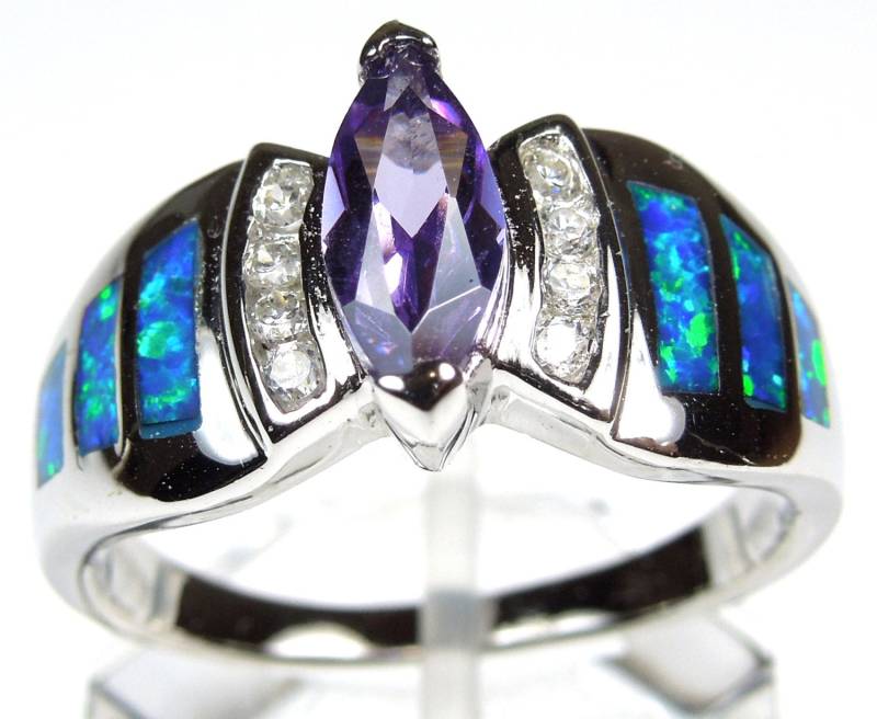 Amethyst & Blauer Feueropal Inlay Echt 925 Sterling Silber Ring Größen 6, 7, 8, 9 von 925usa