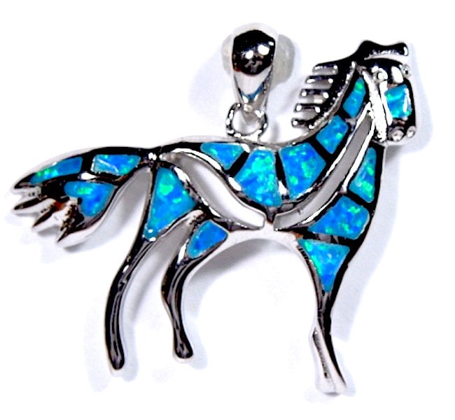 Blau Feueropal Inlay Echte 925 Sterling Silber Pferd Anhänger Halskette von 925usa