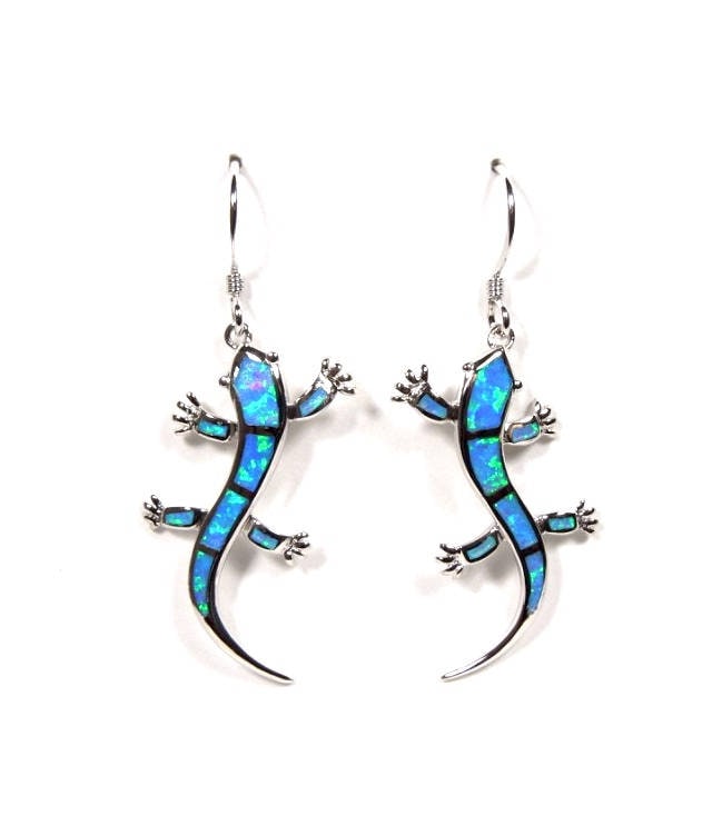 Blau Feueropal Inlay Solid 925 Sterling Silber Gecko Baumelnde Ohrringe 1-3/4 "' Lang. Kostenloser Versand in Den Usa von 925usa