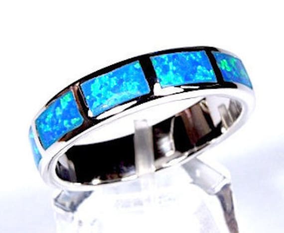 Blauer Feueropal Inlay 925 Sterling Silber Eternity Band Herren, Damenring Größe 6-12. Ehering von 925usa