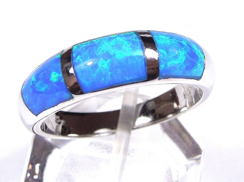 Blauer Feueropal Inlay 925 Sterling Silber Herren, Damen Bandring Größen 50 - 13 von 925usa