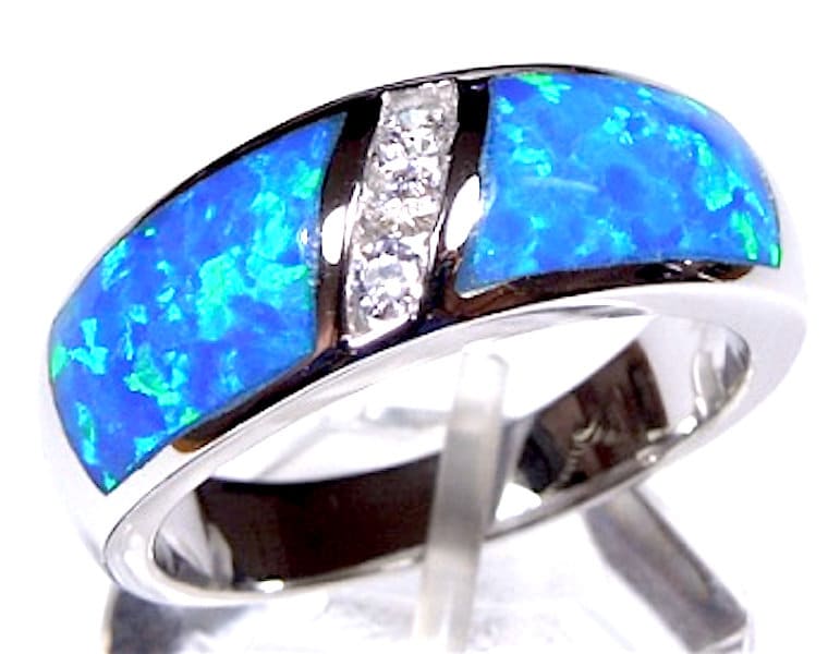 Blauer Feueropal Inlay 925 Sterling Silber Herren & Damen Ring Größe 18 - 13 von 925usa