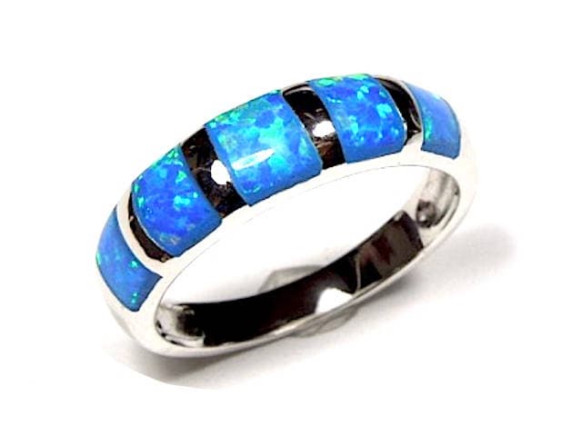 Blauer Feueropal Inlay Echtes 925 Sterling Silber Ehering Größe 6, 7, 8, 9 von 925usa